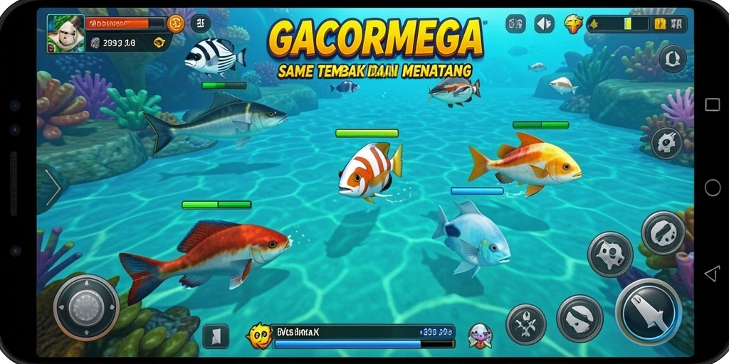 Tampilan gameplay GACORMEGA yang seru saat menembak ikan.