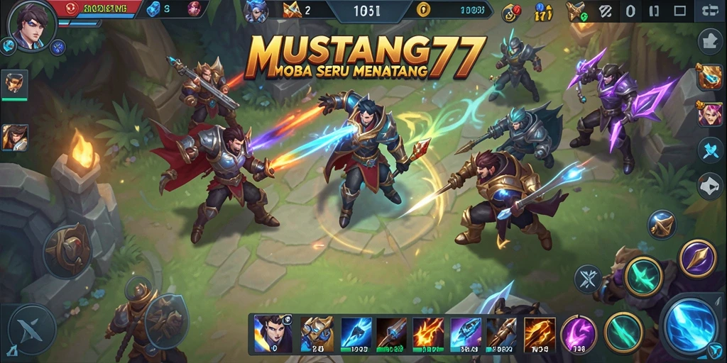Gameplay seru MUSTANG77 dalam pertempuran tim MOBA.