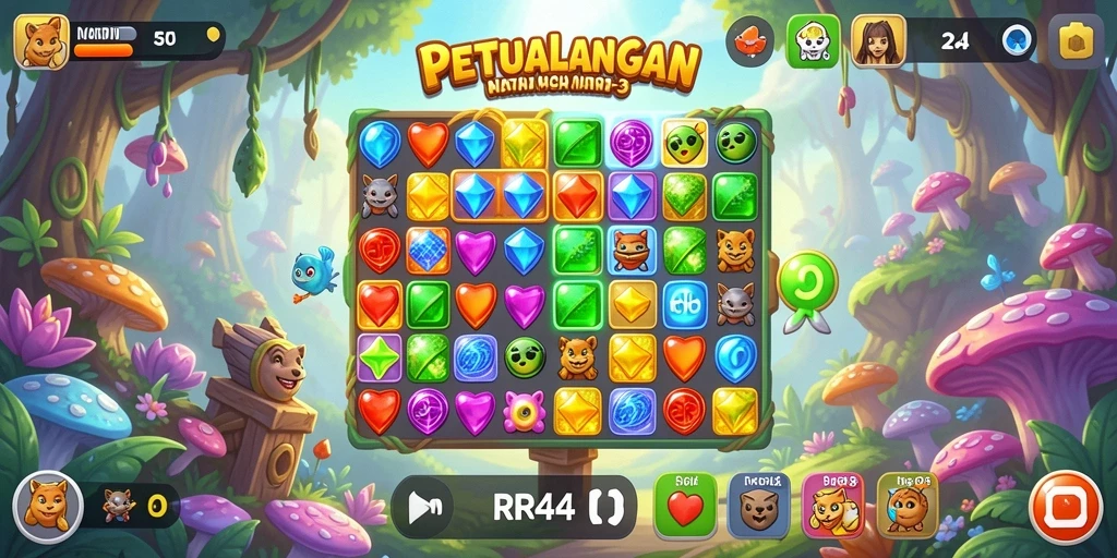 Screenshot gameplay RR44 menunjukkan aksi seru dalam Match-3.
