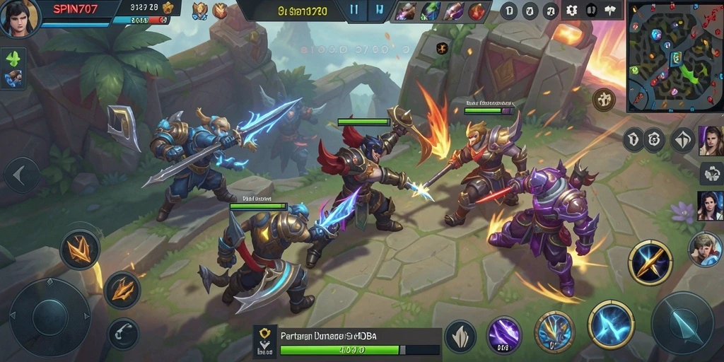 Tampilan gameplay SPIN707 yang seru dan penuh aksi dalam pertempuran MOBA.