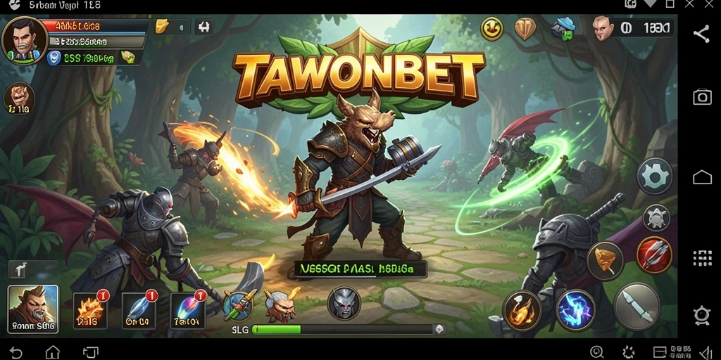 Screenshot utama TAWONBET menampilkan aksi pertempuran yang seru dalam gameplay SLG.