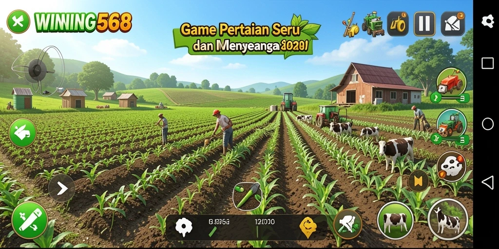 Screenshot gameplay WINNING568 dengan aktivitas bertani yang intens.